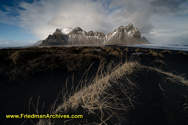 Iceland,mountain,wide angle,blue,sky,black,sand,